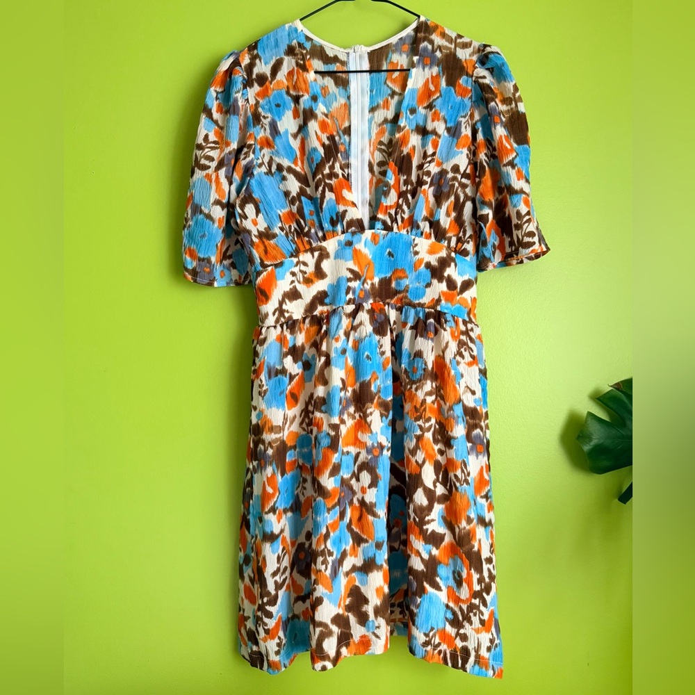 SHEIN Floral Mini Dress Blue Orange Boho Puff Sleeve – Size S